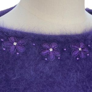 Vintage Angora Wool Sweater Purple Embroidered Flower Gems Dark Fairycore-L